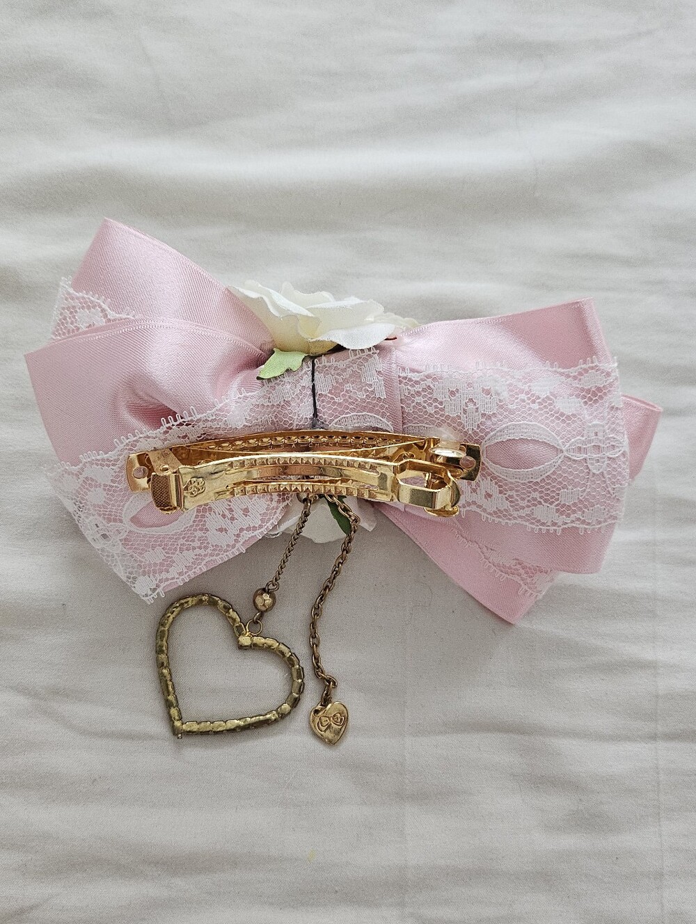 Rare La Pafait Gyaru Pink Satin White Lace Rose Bow Barette Heart Charms - Picture 5 of 5